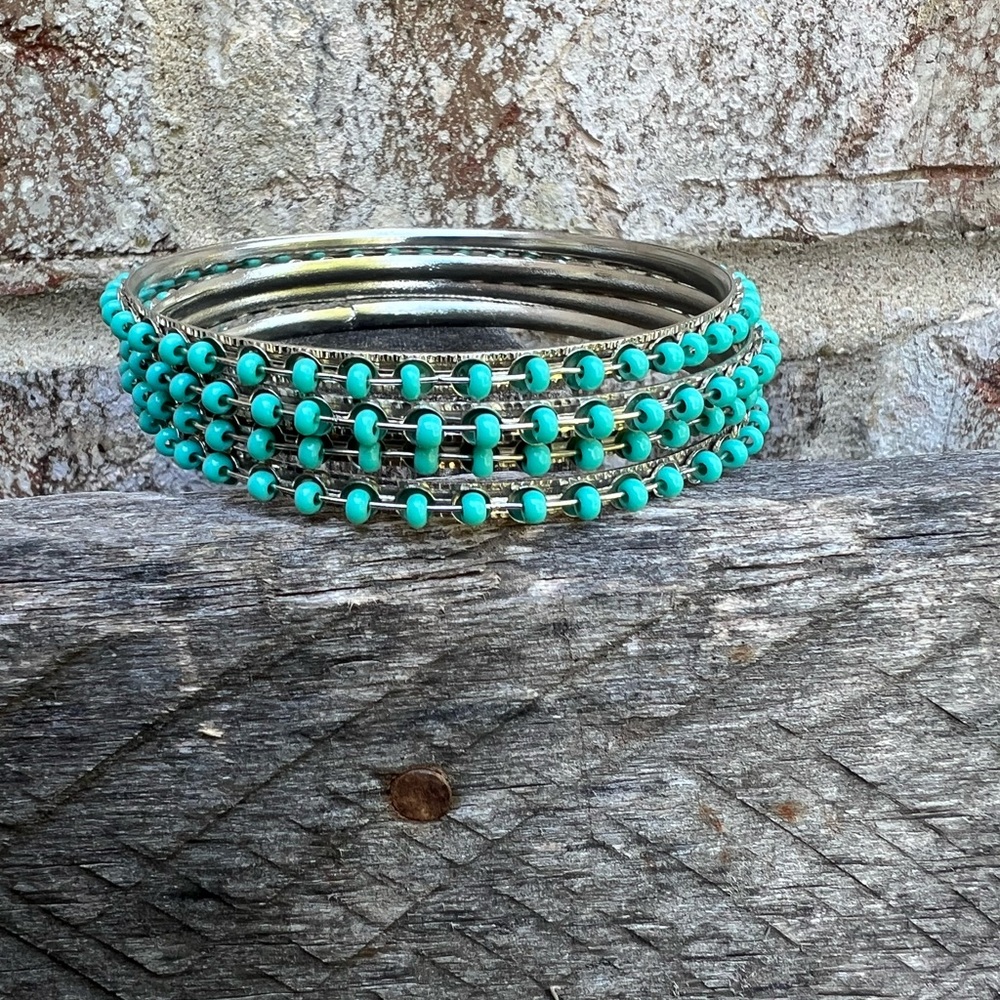 Silver and Turquoise Beaded Bangle Set